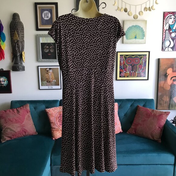 JONES WEAR size 12 Brown & Beige Polka Dot Crossover Bust Jersey Dress - Picture 3 of 4